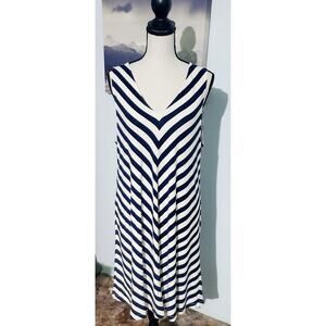 LOFT Womens Navy Blue and White Tank Dress Size L Swing Stretch Beachy Nautical